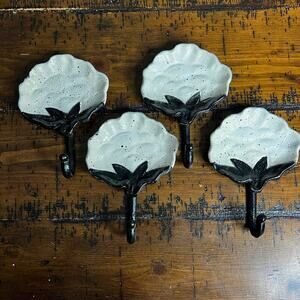 Vintage Cast Iron Black and White Flower Wall Hanging Hook Hanger Rustic Painted